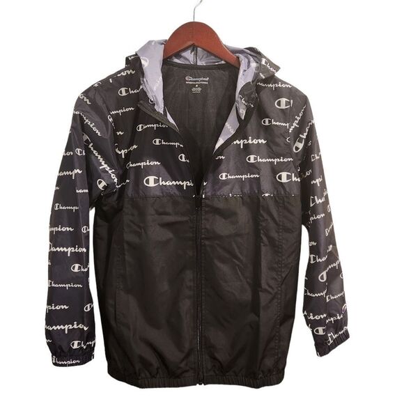 Champions Logo Windbreaker Jacket Zip up Hooded Black White Medium Kids - Picture 1 of 5